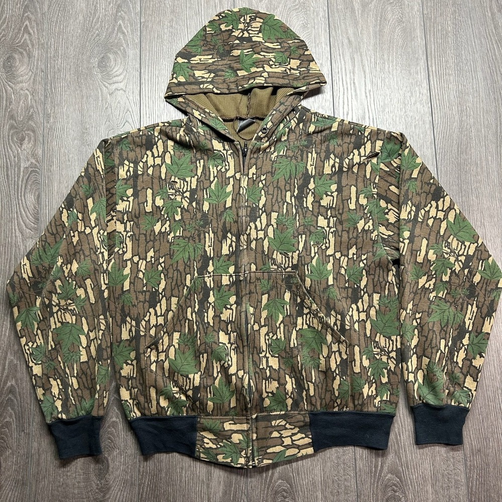 Vintage 80s Ace Sportswear Trebark Camo Zip Hoodie Thermal Lined Made in USA M